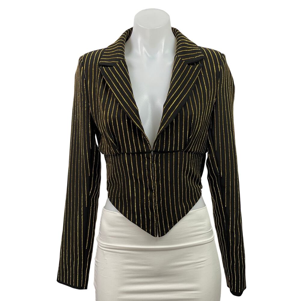 Akira Dark Green Long Sleeves Pinstriped Crop Plunge V-neck Blazer Coat Jacket S